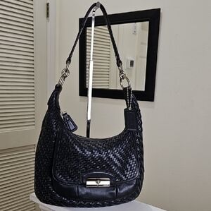 COACH 19314 Black Smooth Leather Silvertone HDWR Woven Kristin Shoulder Bag EUC